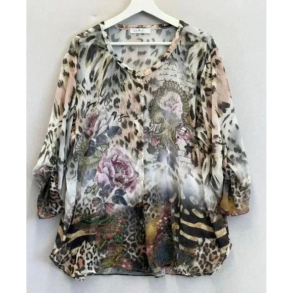 Gigi Moda Women's XL Multicolor Floral Animal Print Button Lightweight Sheer Top - Picture 1 of 8